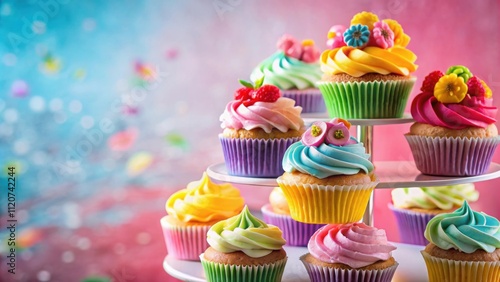 Closeup of a colorful cupcake tower with unique and whimsical decorations, cupcake, tower, colorful, unique