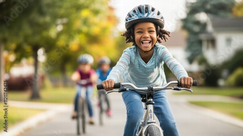 Happy Child Riding Bike on Suburban Street