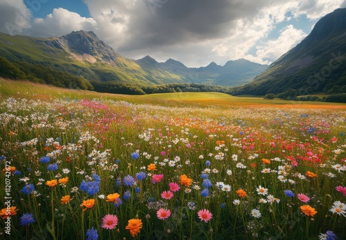 Vivid Wildflower Meadow Against Majestic Mountains Under Dramatic Sky with Sunlight Peeking Through Clouds, Perfect for Nature and Landscape Photography