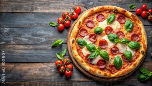 Italian pizza with mozzarella, parmesan, tomato, basil, and salami, pizza, Italian, mozzarella, parmesan, tomato, basil