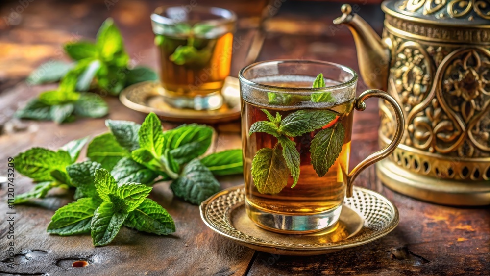 Close up of traditional Moroccan tea with fresh mint leaves, moroccan, tea, mint, fresh, leaves, drink, beverage, close up Close up of traditional Moroccan tea with fresh mint leaves, moroccan, tea, mint, fresh, leaves, drink, beverage, close up