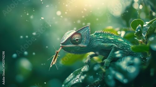 Highly detailed of a chameleon catching a grasshopper with its tongue,in soft focus against a green natural background