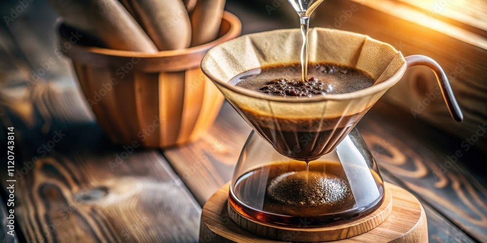 Close-up of brewing coffee with a wooden coffee dripper, brewing, coffee, wooden dripper, close-up, process Close-up of brewing coffee with a wooden coffee dripper, brewing, coffee, wooden dripper, close-up, process