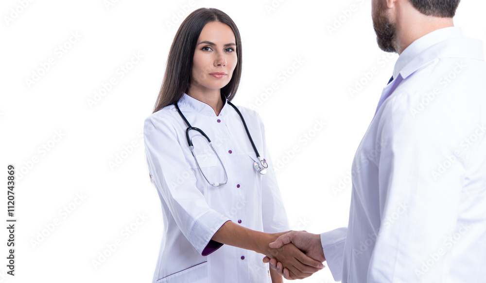 healthcare insurance deal. healthcare and medicine. medical deal between two doctor isolated on white. promotion deal. doctor handshake with nurse. good job healthcare insurance deal. healthcare and medicine. medical deal between two doctor isolated on white. promotion deal. doctor handshake with nurse. good job