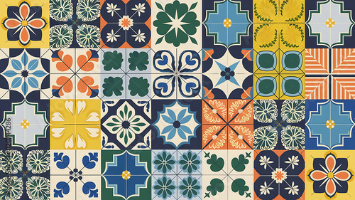 A patchwork of tiles blending vintage designs in various vibrant colors, creating a lively and dynamic display.