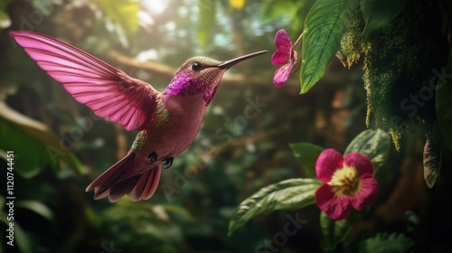 Pink blooming hummingbird in a wooded environment. Flying in a natural tropical wood habitat, red flower, green violet ear, Colibri thalassinus