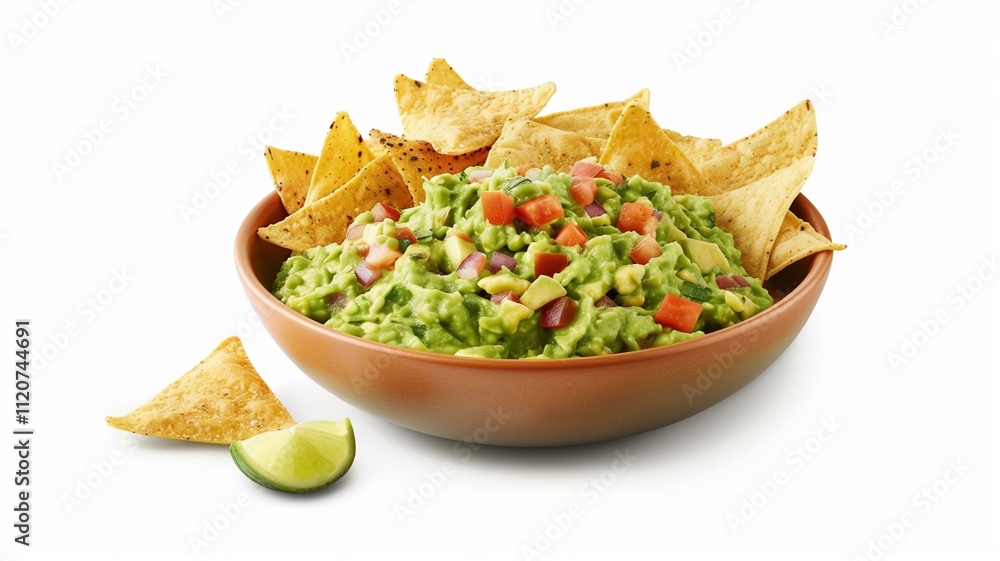 Lifelike photo of guacamole with tortilla chips in a bowl, topped with fresh vegetables
Lifelike photo of guacamole with tortilla chips in a bowl, topped with fresh vegetables