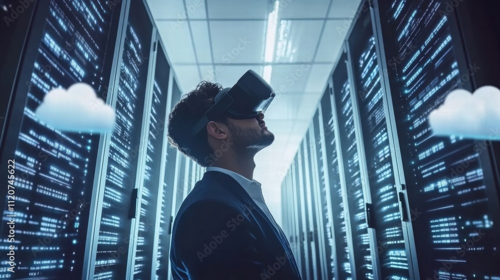Fototapeta premium Man in VR Headset Exploring Cloud Server Data Center
