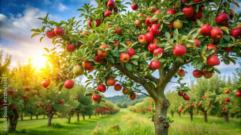 Majestic apple tree with lush green leaves and ripe fruit in an orchard, apple, tree, orchard, fruit, leaves, branches, growth Majestic apple tree with lush green leaves and ripe fruit in an orchard, apple, tree, orchard, fruit, leaves, branches, growth