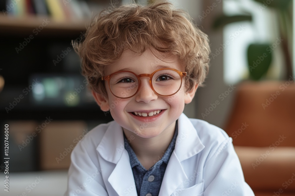 Young boy in a lab coat smiles brightly while showcasing his excitement for science experiments at home in the afternoon Young boy in a lab coat smiles brightly while showcasing his excitement for science experiments at home in the afternoon