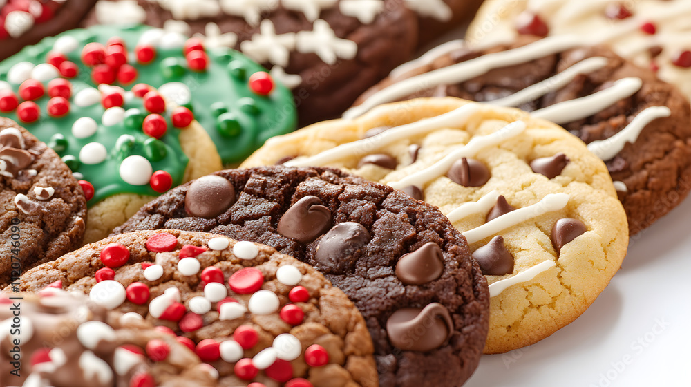 A delicious assortment of Christmas cookies, including chocolate chip, double chocolate, and sugar cookies with festive icing and sprinkles. Perfect for holiday baking and celebrations. A delicious assortment of Christmas cookies, including chocolate chip, double chocolate, and sugar cookies with festive icing and sprinkles. Perfect for holiday baking and celebrations.