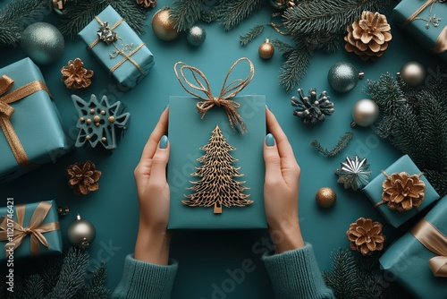 Hand holding festive gift bag with Christmas tree cutout surrounded by decorative boxes and trees on turquoise background photo