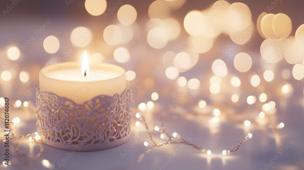 A lit candle in a delicate lace holder sits amidst warm, glowing fairy lights, creating a serene and cozy ambiance. Perfect for holiday, relaxation, or spa themes. A lit candle in a delicate lace holder sits amidst warm, glowing fairy lights, creating a serene and cozy ambiance. Perfect for holiday, relaxation, or spa themes.