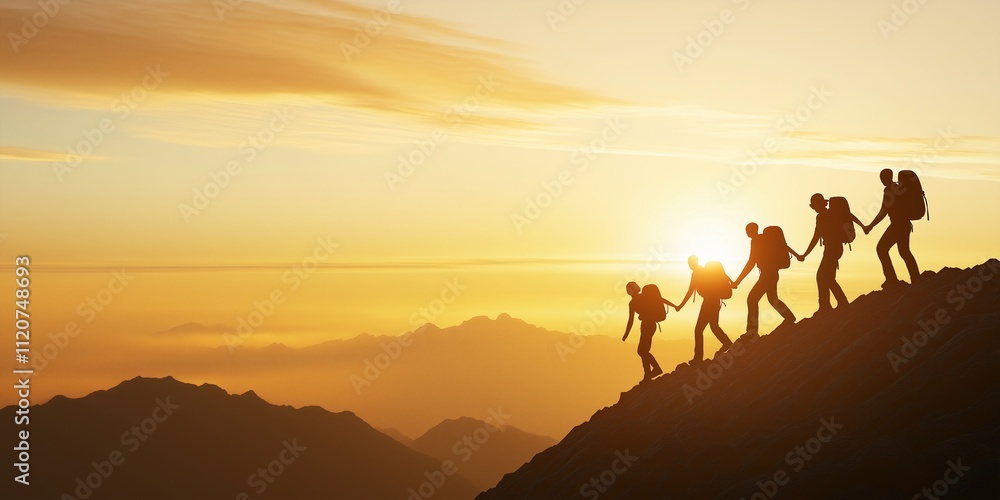Dynamic Team of Hikers Silhouetted Against a Stunning Sunset on a Mountain Adventure, Symbolizing Unity and Perseverance in Outdoor Exploration Dynamic Team of Hikers Silhouetted Against a Stunning Sunset on a Mountain Adventure, Symbolizing Unity and Perseverance in Outdoor Exploration