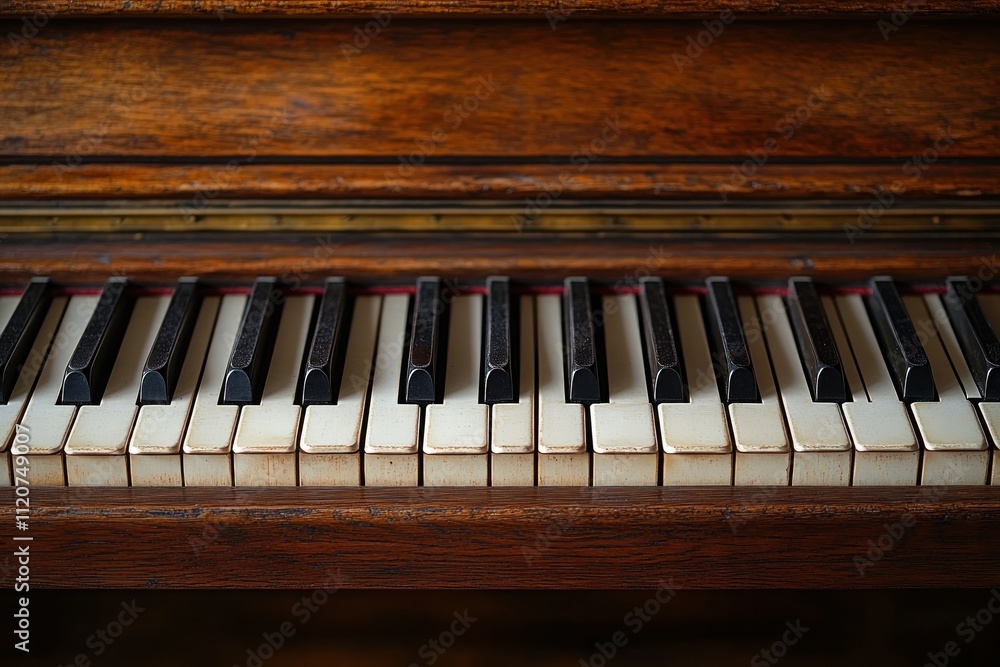 Close-up of Antique Wooden Piano Keys in Soft Focus with Warm Light Close-up of Antique Wooden Piano Keys in Soft Focus with Warm Light