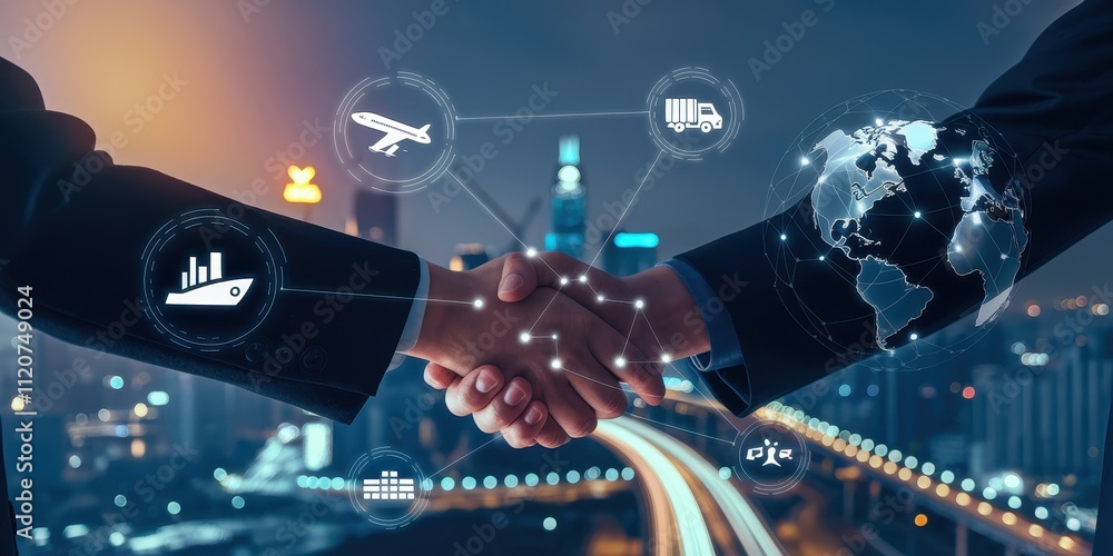Handshake Symbolizing Global Business Cooperation and Technology Handshake Symbolizing Global Business Cooperation and Technology