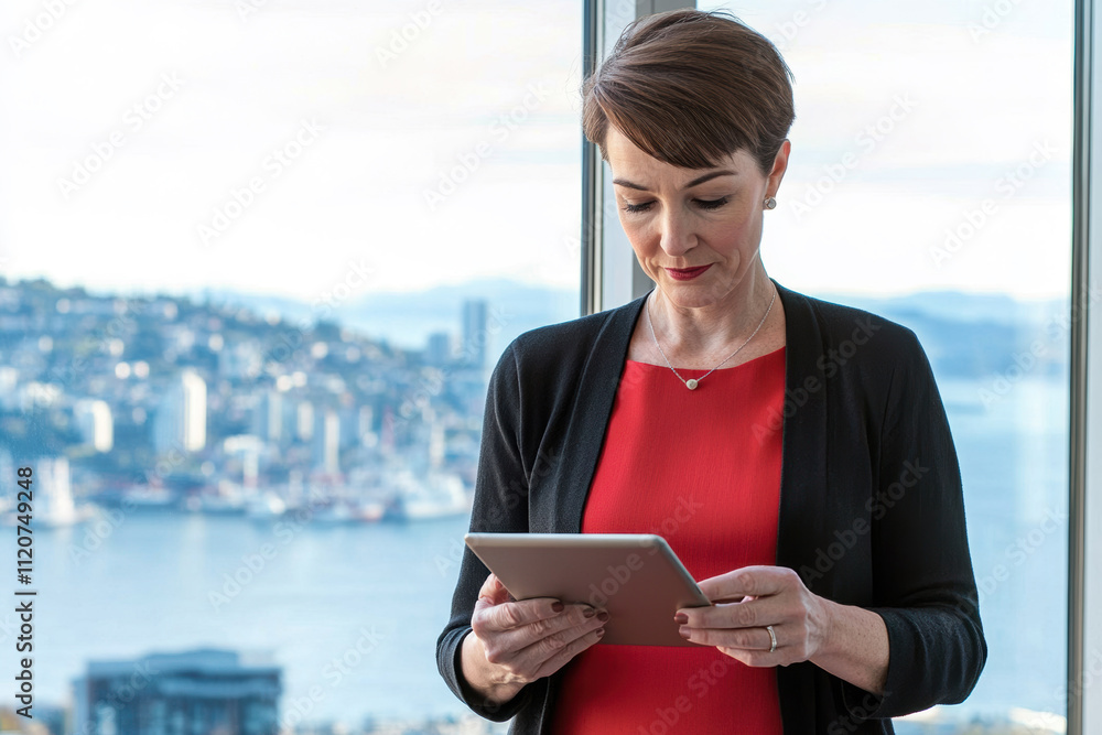 Fototapeta premium Professional Woman Using Tablet with Cityscape Background