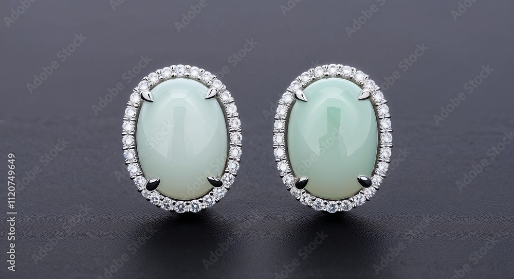 White jade oval earrings surrounded by diamond pavé accents White jade oval earrings surrounded by diamond pavé accents
