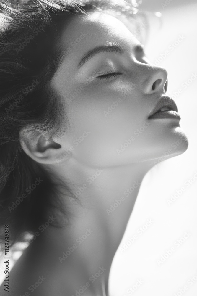 Portrait of a woman with closed eyes enjoying a moment of peace and tranquility in soft light Portrait of a woman with closed eyes enjoying a moment of peace and tranquility in soft light