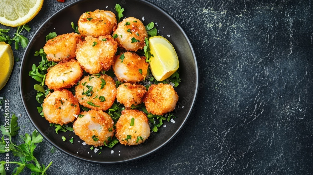 Golden fried scallops on black plate with lemon garnish Golden fried scallops on black plate with lemon garnish