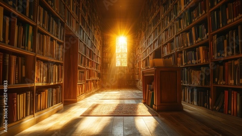 Wallpaper Mural Sunlight illuminates narrow library aisle filled with books, highlighting study desk near window Torontodigital.ca