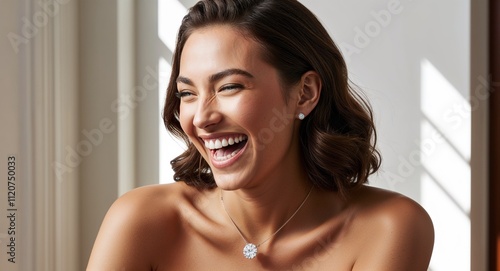 A diamond solitaire pendant catching every ray of light as she laughs