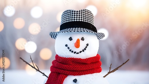 Outdoor winter scene: cheerful snowman with houndstooth fedora, red scarf, carrot nose, branch arms, and a bokeh background of golden, white, and blue festive lights.
