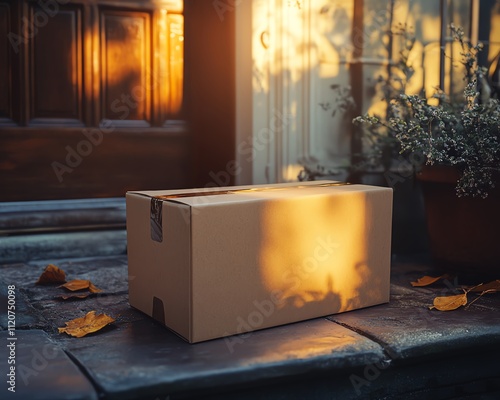 Cardboard box on a porch during sunset. photo