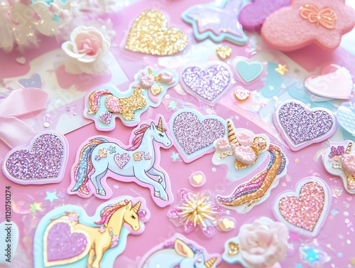 Magical pastel unicorns with heart-themed accessories, glittery sticker collection with romantic elements photo