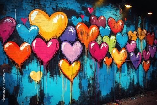 Vibrant Street Art Mural with Colorful Dripping Hearts and Bold Colors photo