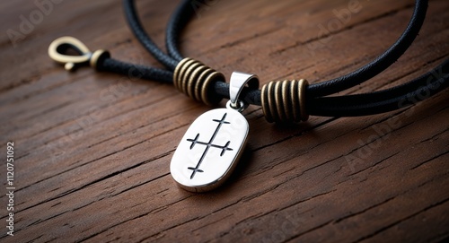 A rune pendant on a leather cord expressing his interest in ancient lore