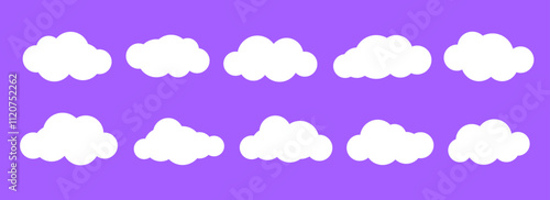 Comic clouds collection. Cartoon cloud shapes set for icon, poster, banner, label, badge, tag, logo. White speech bubble on bright purple background. Text box claud decoration bundle. Vector
