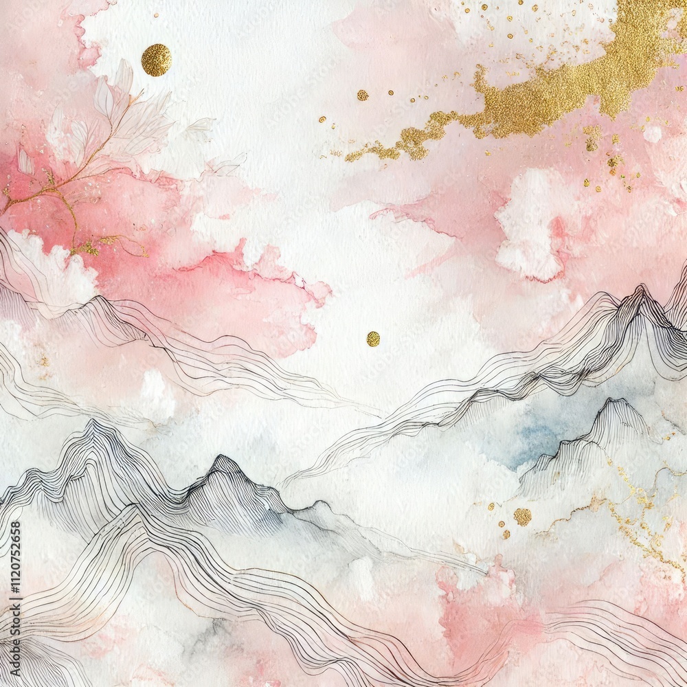 Obraz premium a dreamy background featuring soft pink and white watercolor textures. Incorporate delicate, mountain lines and gentle splashes of gold to evoke a sense of elegance and tranquility. ai