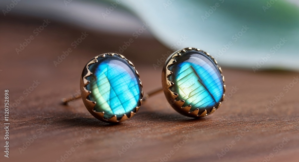 Labradorite stud earrings glowing with flashes of blue and green light Labradorite stud earrings glowing with flashes of blue and green light