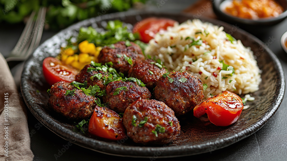 Savory meatball plate top view, authentic copy space gourmet turkish traditional, flavorful arabic fried dinner meal, delicious homemade culinary, roasted succulent appetizing. Savory meatball plate top view, authentic copy space gourmet turkish traditional, flavorful arabic fried dinner meal, delicious homemade culinary, roasted succulent appetizing.