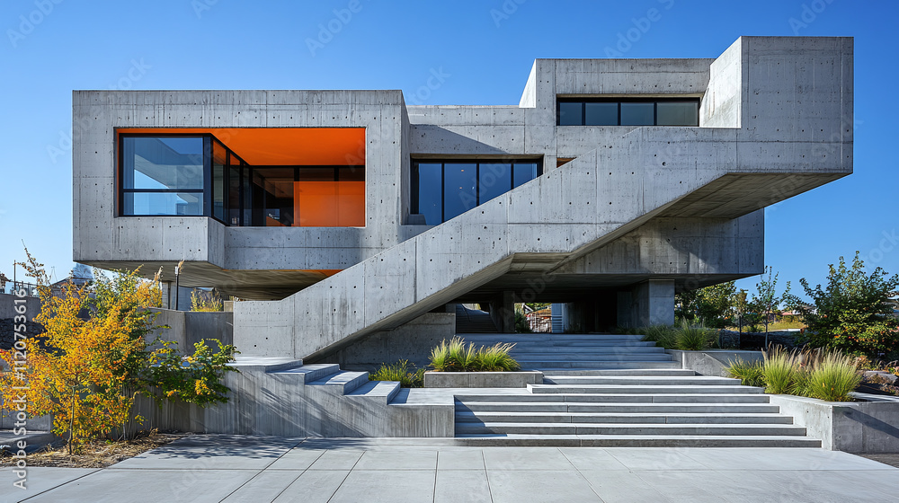 Fototapeta premium Striking staircase stairway building, bold exterior house facade outside, geometric block angular levels architecture, contemporary industrial modern, urban geometric concrete.