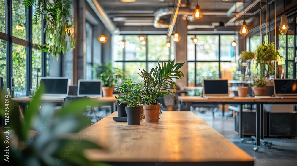 Ecoconscious workspace with greenery, sustainable furniture, bright modern lighting, representing lowcarbon design Ecoconscious workspace with greenery, sustainable furniture, bright modern lighting, representing lowcarbon design