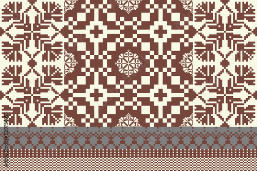 Art Abstract with Pixel Art Designs. Traditional Cross Stitch needlework. Geometric Ethnic Pattern, Embroidery, Textile Ornamental, Fabric, Hand Stitch Pattern, Cultural Stitching Pixel Art