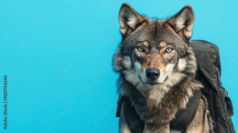 Fototapeta premium A wolf wearing a backpack against a blue background.