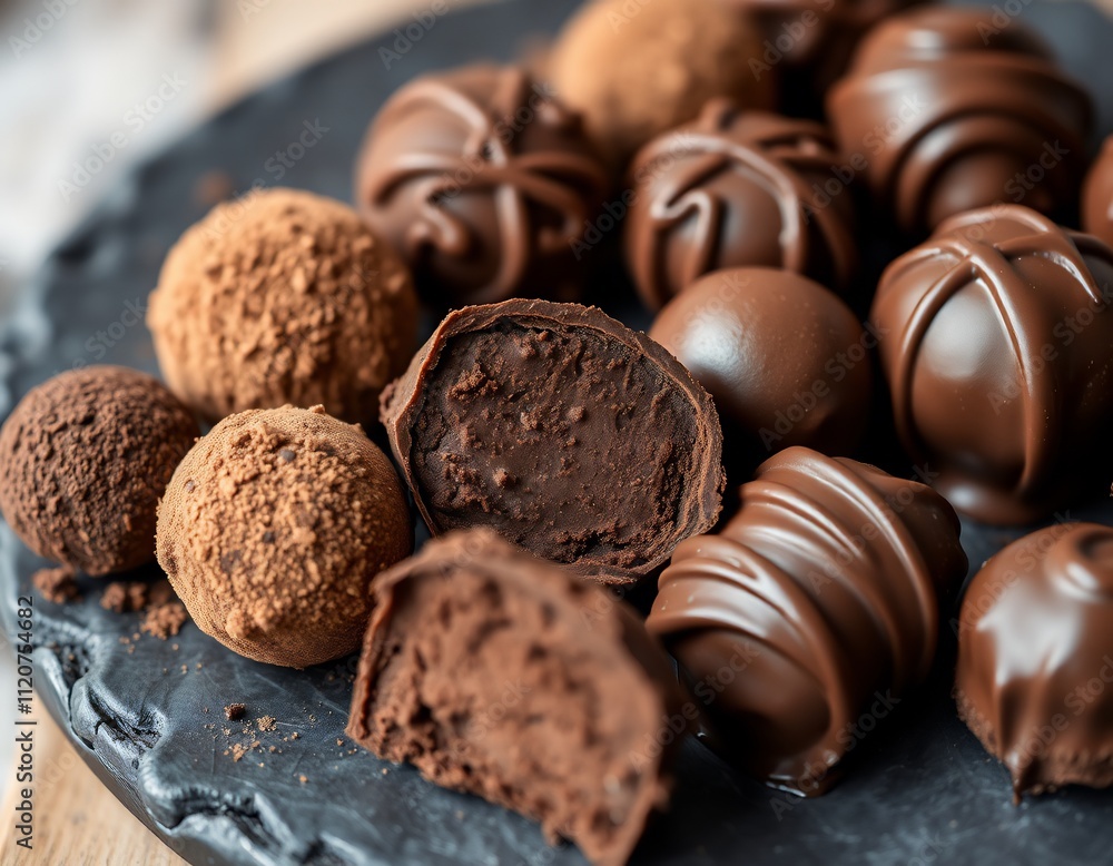 Assorted dark chocolate truffles on a dark slate plate. Assorted dark chocolate truffles on a dark slate plate.