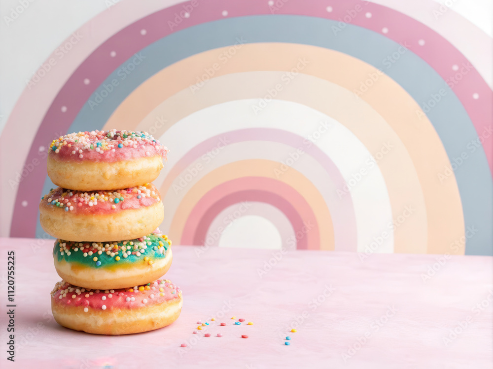 Delicious donuts stacked with colorful sprinkles against pastel rainbow backdrop Delicious donuts stacked with colorful sprinkles against pastel rainbow backdrop