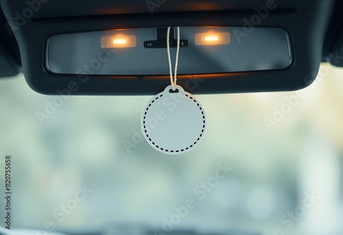 Blank round car air freshener hanging from rearview mirror.