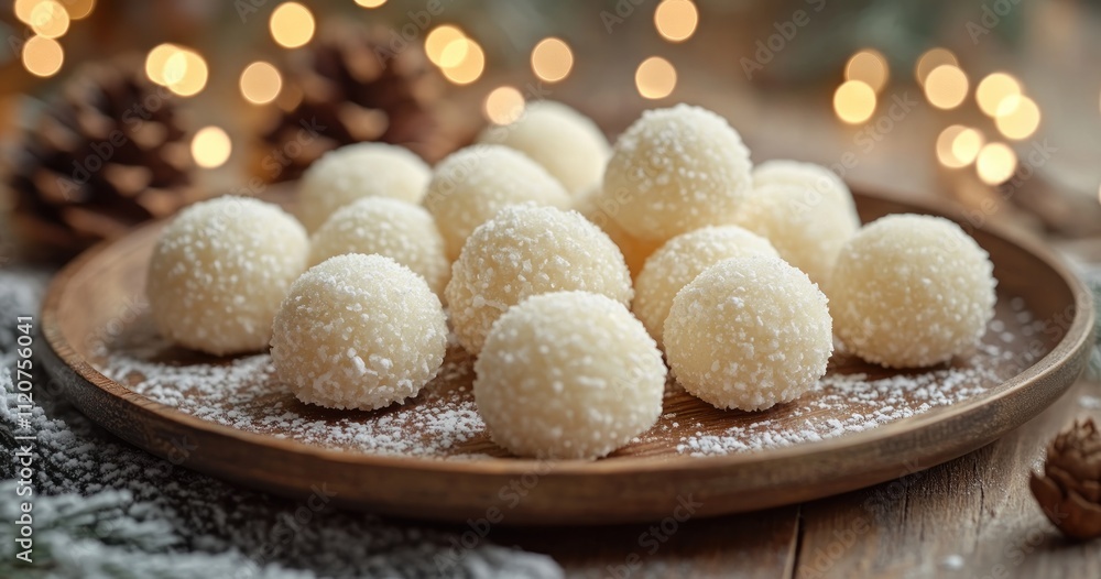 Christmas Snowball Cookies on Rustic Plate with Fairy Lights and Cozy Atmosphere Christmas Snowball Cookies on Rustic Plate with Fairy Lights and Cozy Atmosphere