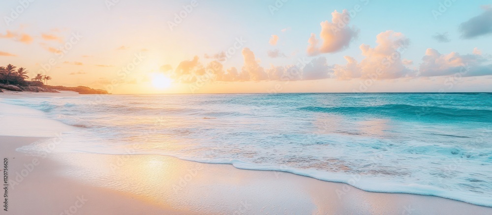 Tranquil beach scene with soft waves lapping on the shore at sunrise, a peaceful backdrop for relaxation and contemplation. Tranquil beach scene with soft waves lapping on the shore at sunrise, a peaceful backdrop for relaxation and contemplation.