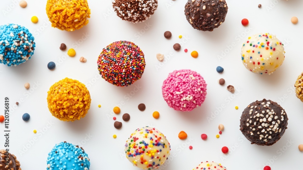 Colorful dessert balls arranged on a white surface showcasing various coatings and toppings in a vibrant display Colorful dessert balls arranged on a white surface showcasing various coatings and toppings in a vibrant display