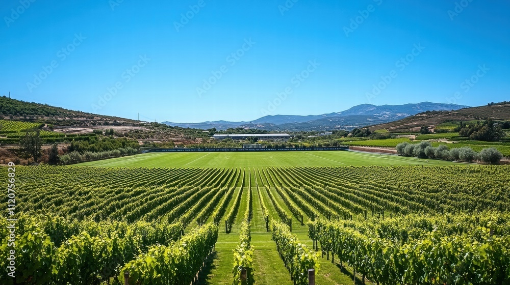 Vineyard Landscape with Soccer Field and Mountains Vineyard Landscape with Soccer Field and Mountains