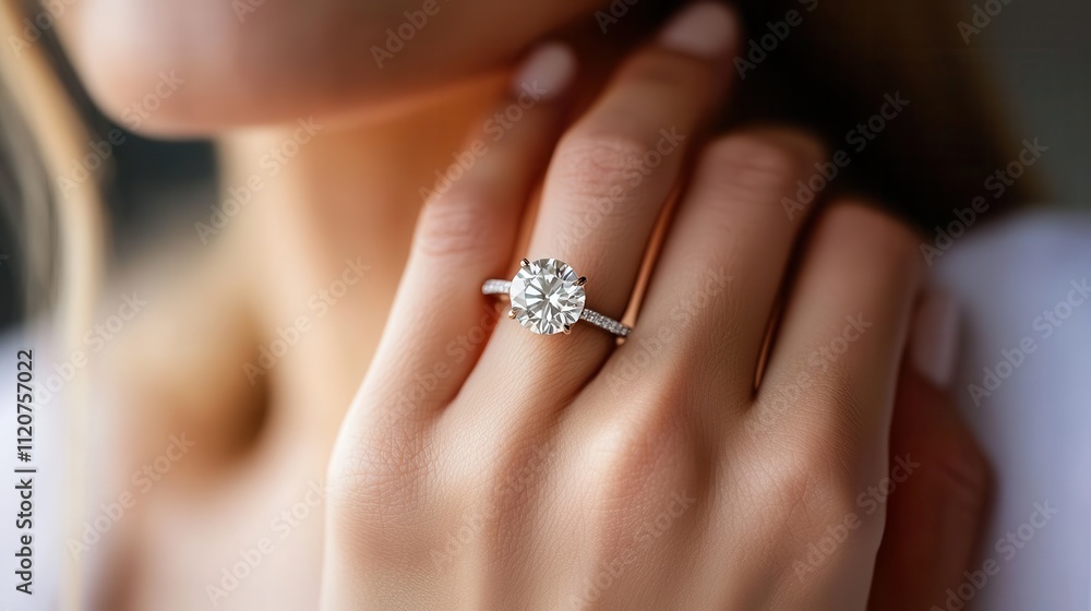 A close-up of a hand showcasing an elegant engagement ring with a sparkling diamond. A close-up of a hand showcasing an elegant engagement ring with a sparkling diamond.