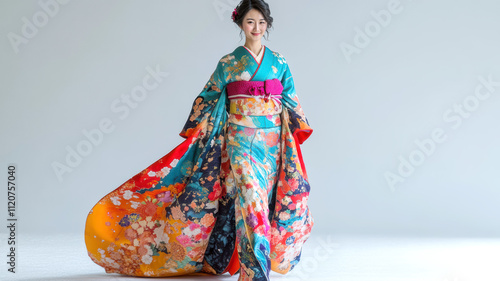 成人式で振袖の着物を着た日本人女性