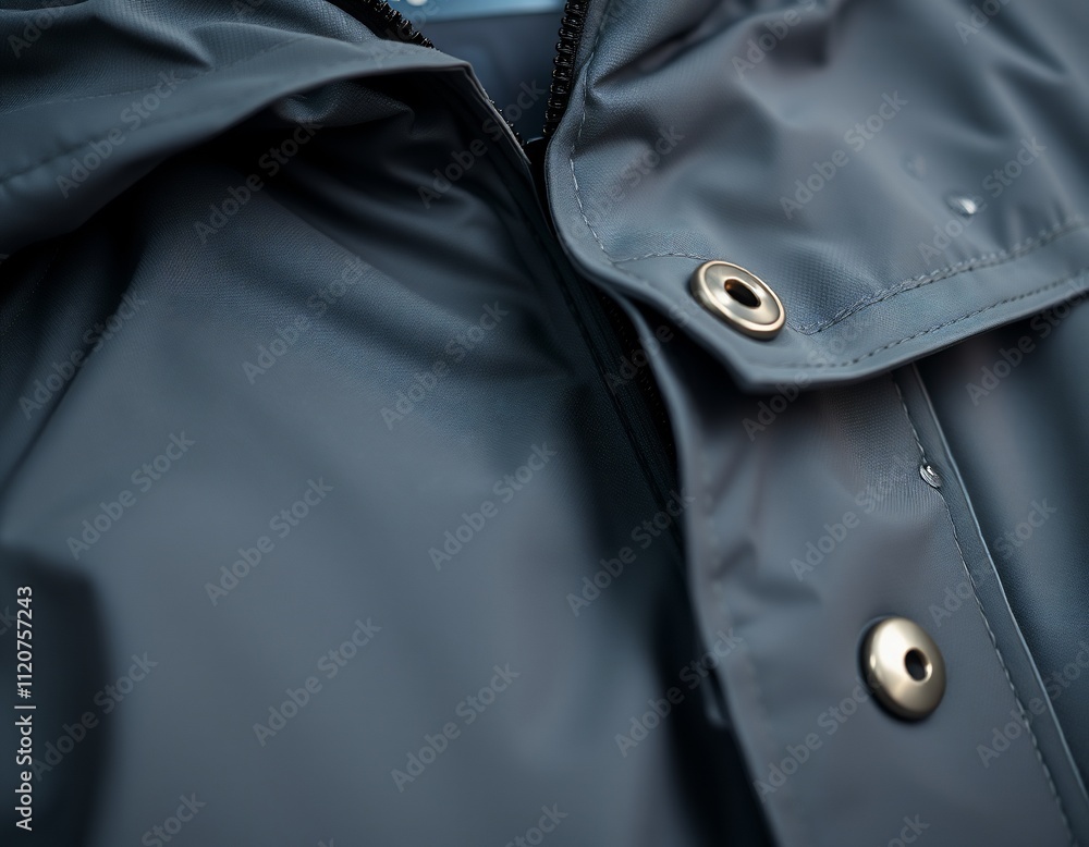 Close-up of a blue waterproof jacket's detail, showing its texture, snap buttons, and zipper. Close-up of a blue waterproof jacket's detail, showing its texture, snap buttons, and zipper.