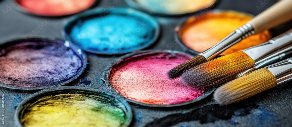 Naklejka premium Close-up of watercolor paints in a palette with paintbrushes.